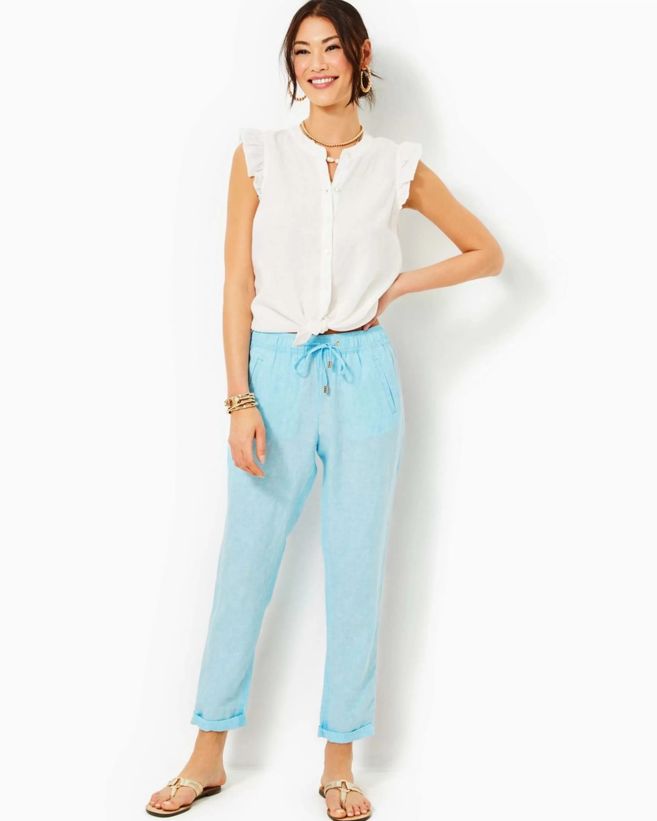 Fashion Lilly Pulitzer 31" Taron Mid-Rise Linen Pant Celestial Blue X Resort White