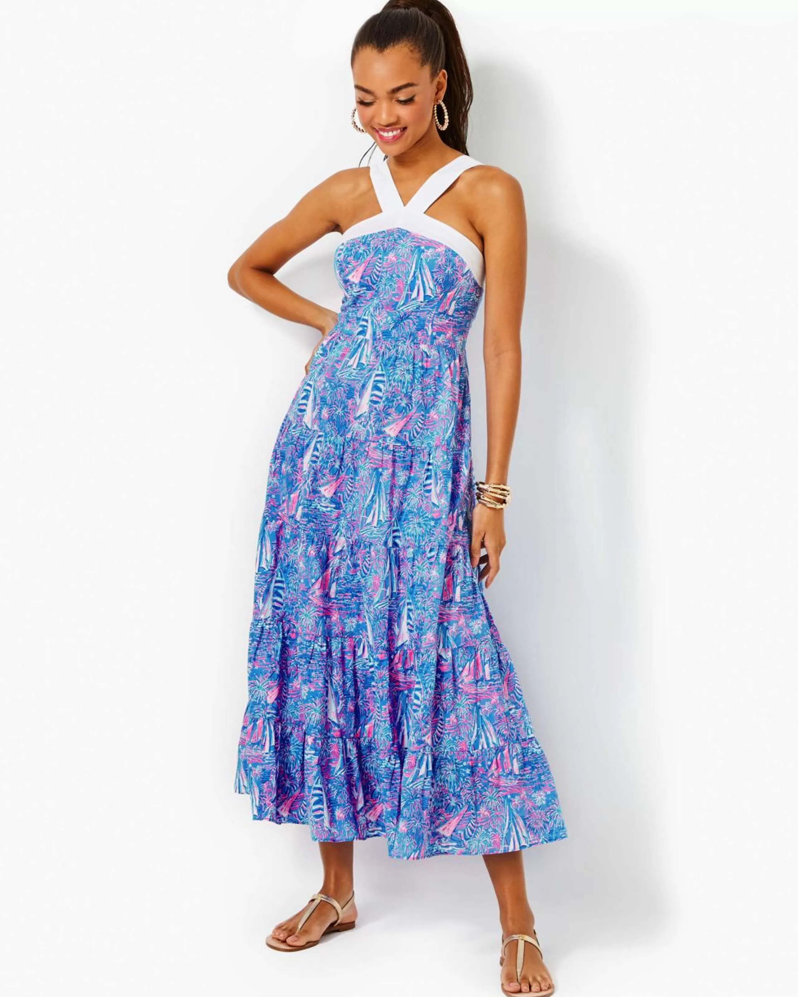 Hot Lilly Pulitzer Jenette Cotton Halter Maxi Dress Boca Blue Its A Sailabration