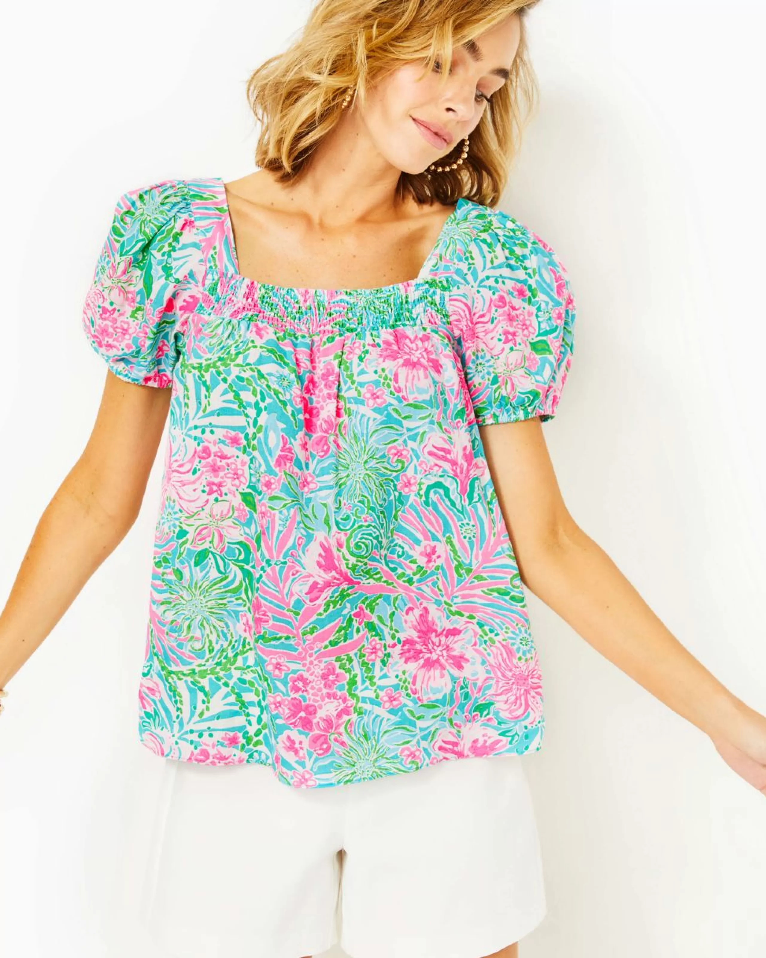 Shop Lilly Pulitzer Keating Short Sleeve Linen Top Amalfi Blue Leaf It Wild