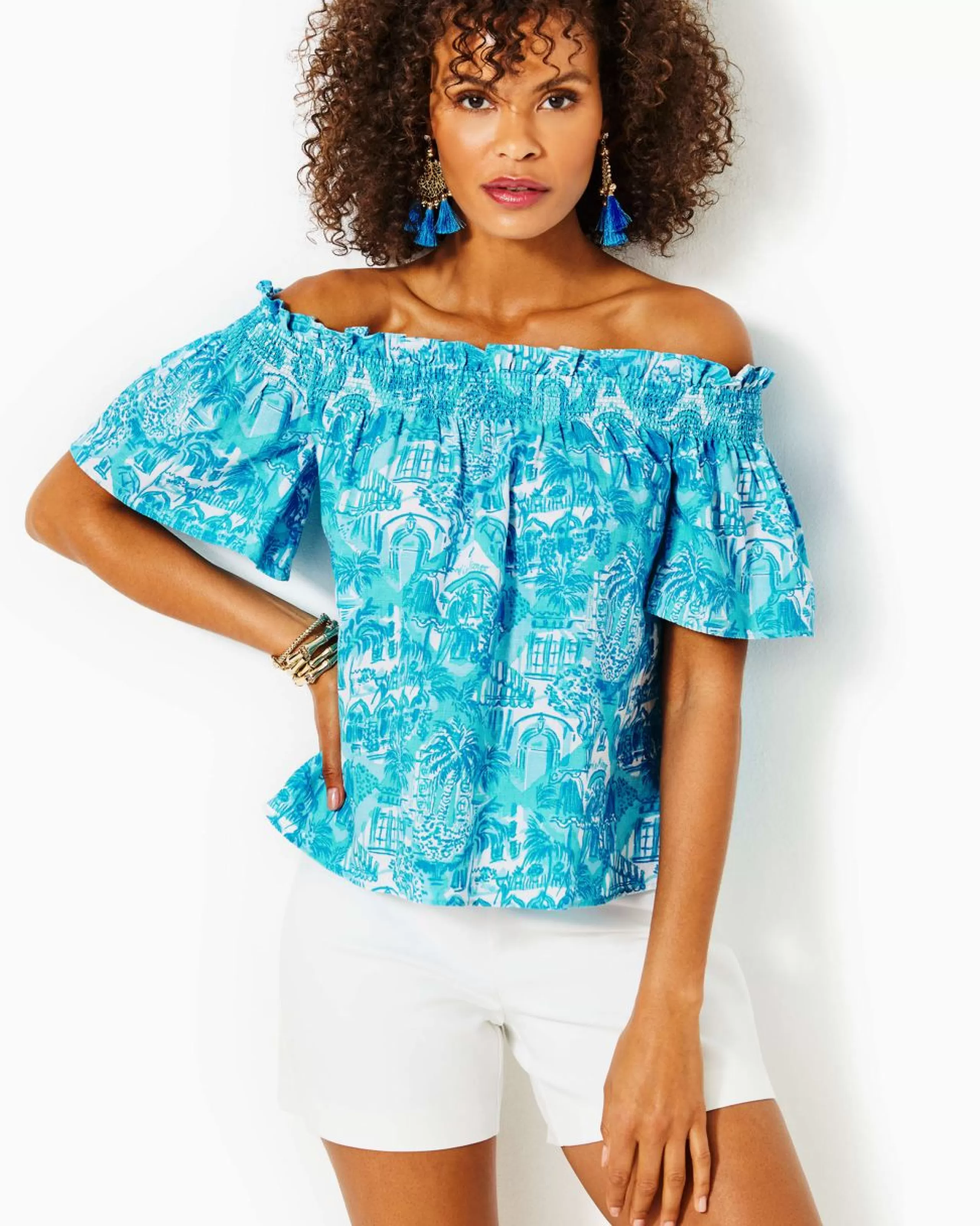 Sale Lilly Pulitzer Leanne Off-The-Shoulder Linen Top Amalfi Blue Sunny State Of Mind