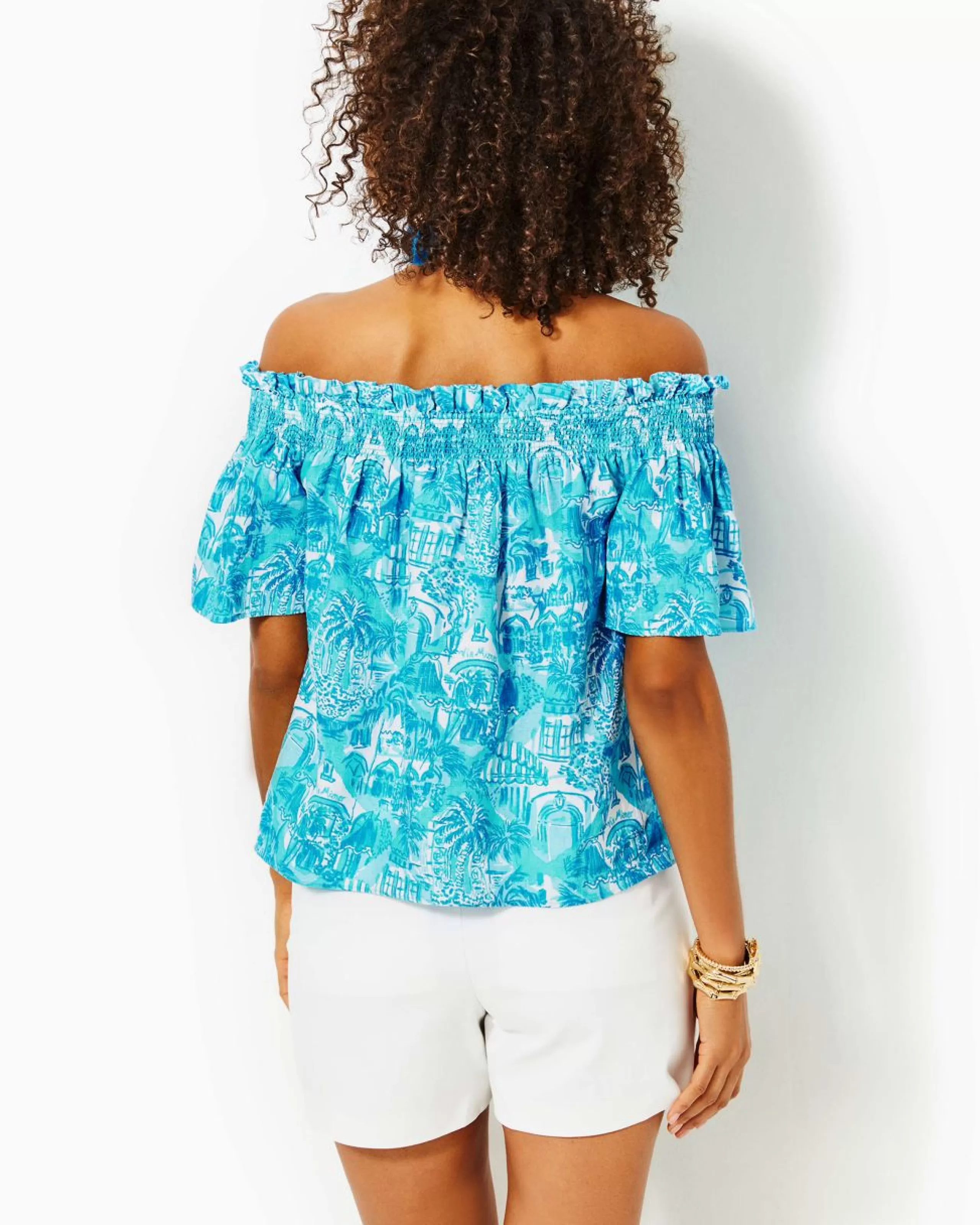 Sale Lilly Pulitzer Leanne Off-The-Shoulder Linen Top Amalfi Blue Sunny State Of Mind