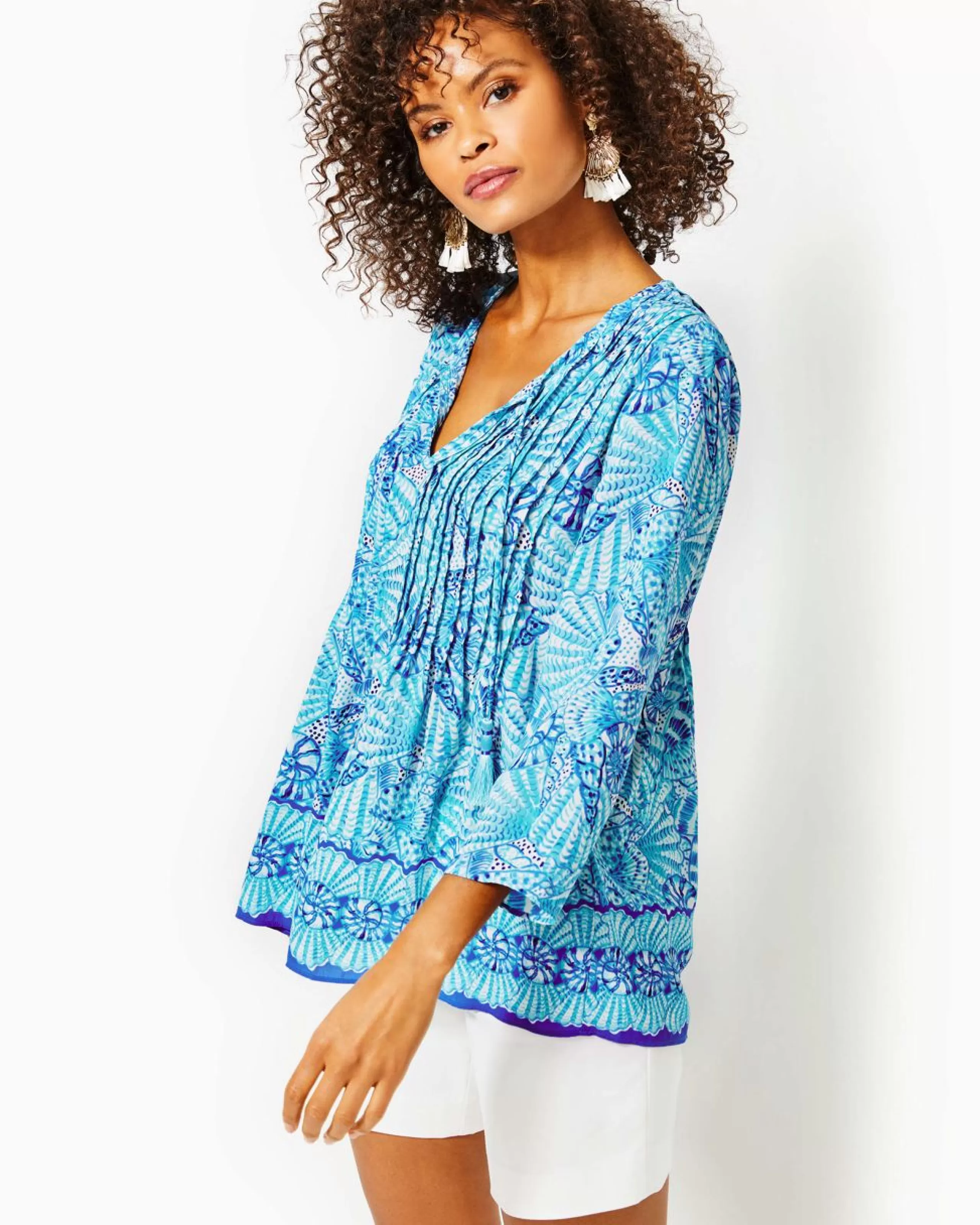 Clearance Lilly Pulitzer Marilina Tunic Top Amalfi Blue By The Seashore Engineered Tunic