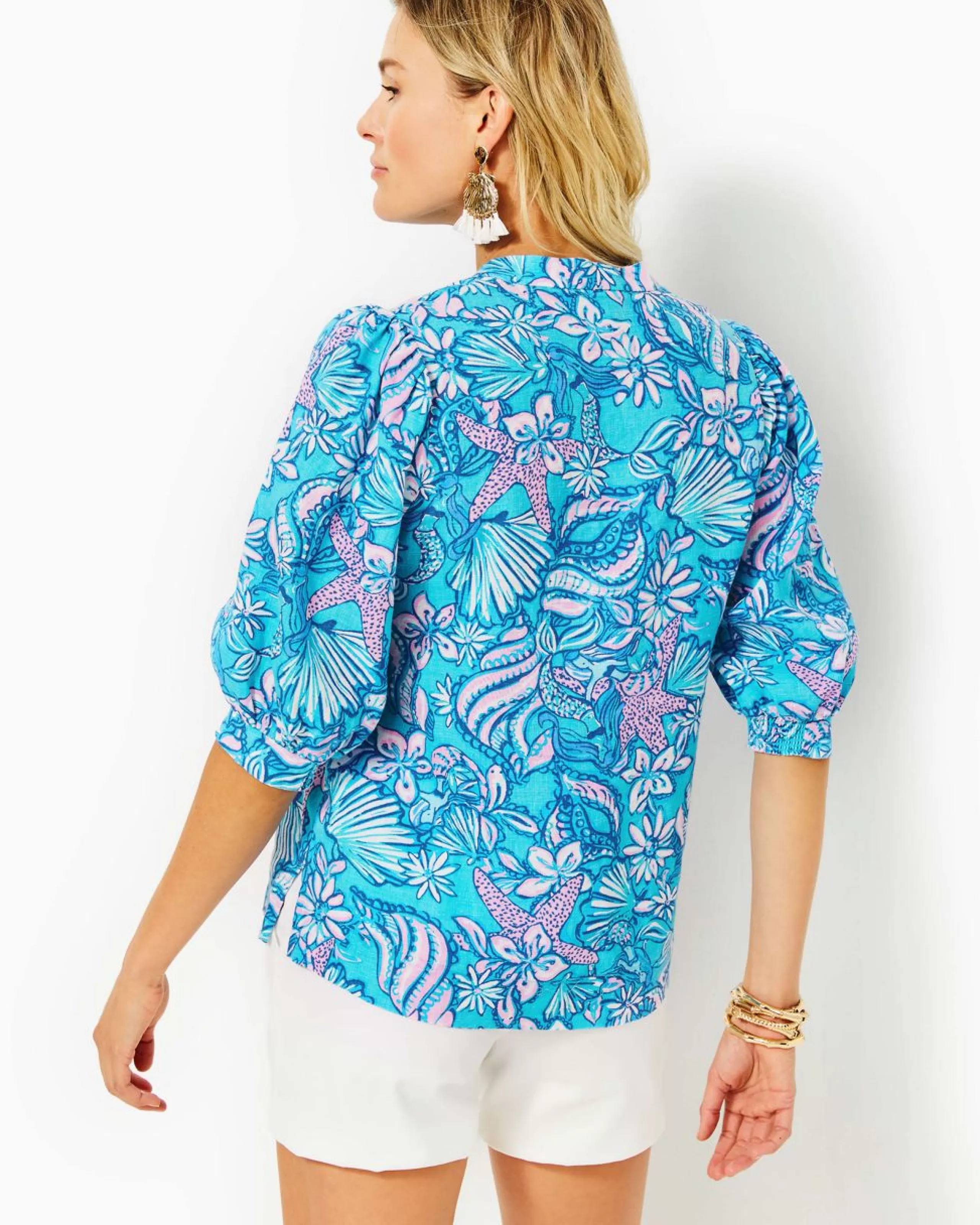 Flash Sale Lilly Pulitzer Mialeigh Elbow Sleeve Linen Top Amalfi Blue Sound The Sirens
