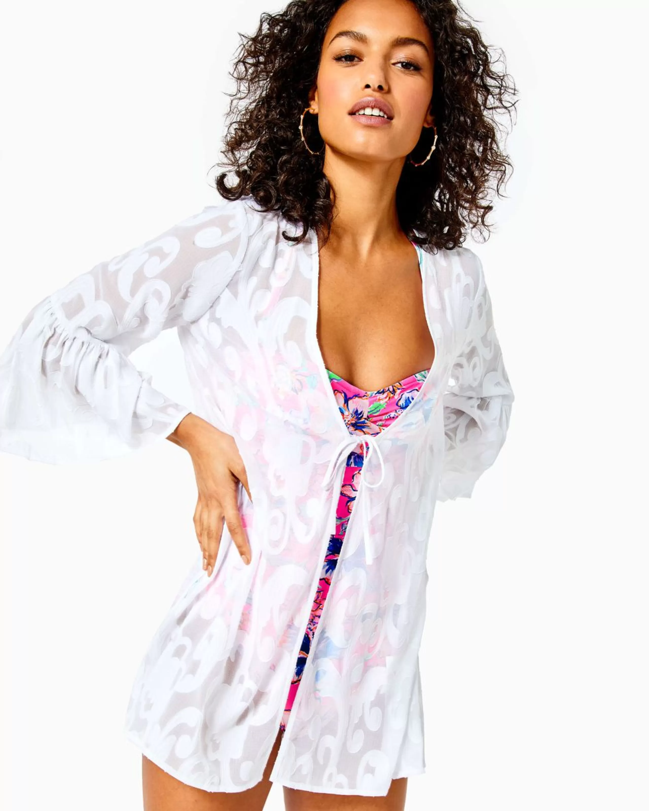 Outlet Lilly Pulitzer Motley Open Cover-Up Resort White Poly Crepe Swirl Clip