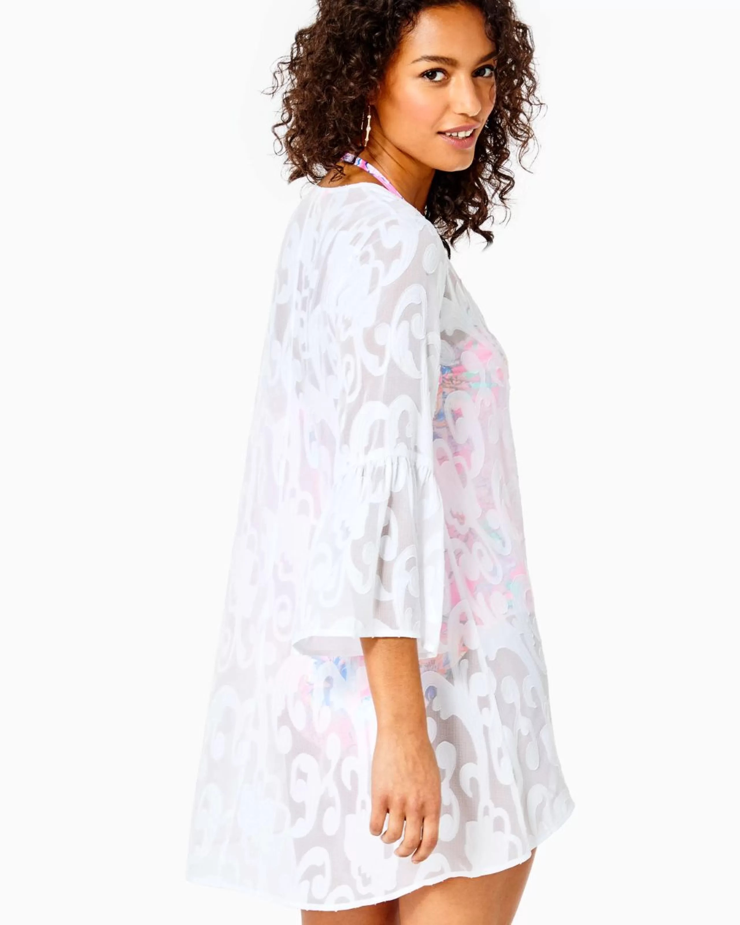 Outlet Lilly Pulitzer Motley Open Cover-Up Resort White Poly Crepe Swirl Clip