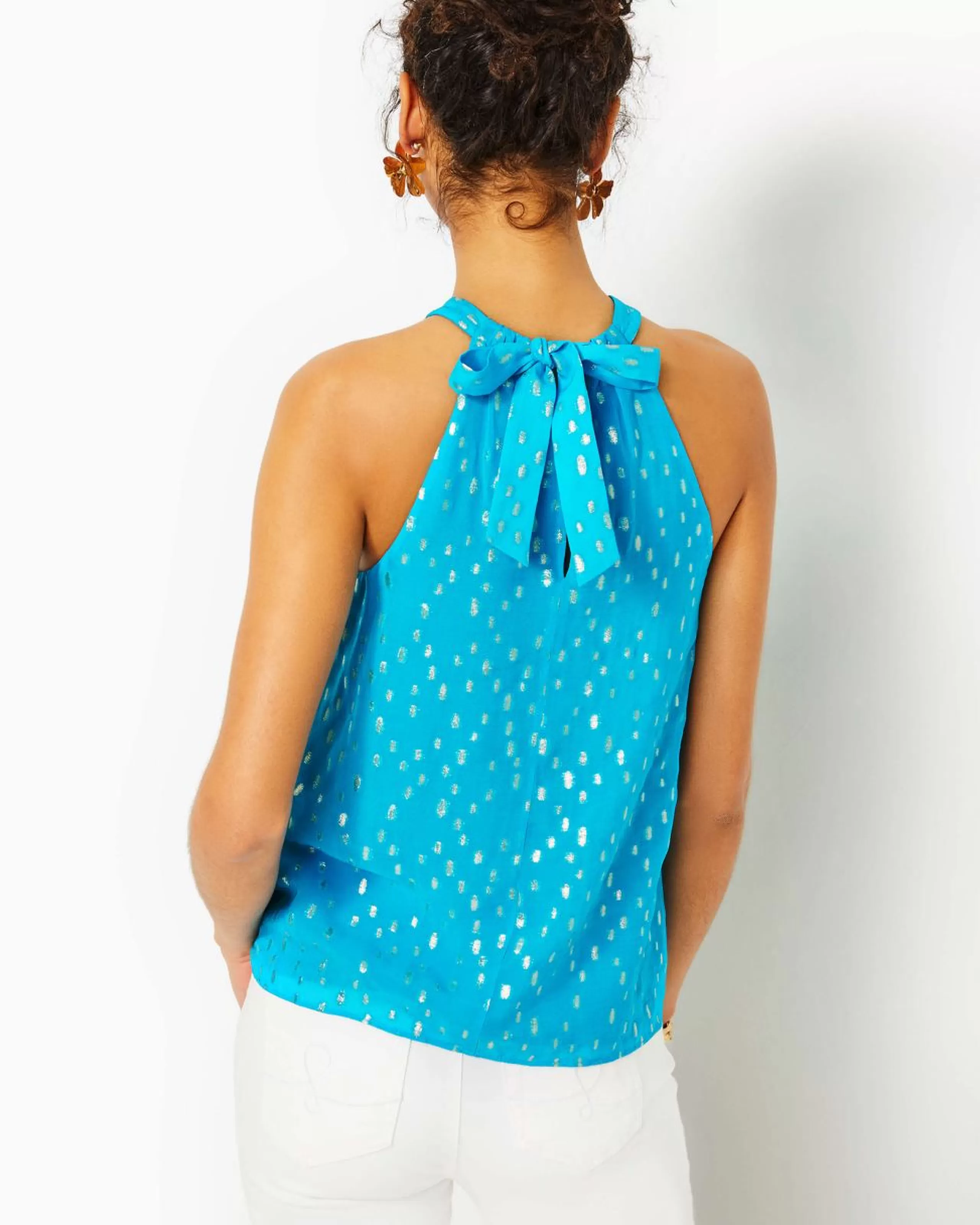 Cheap Lilly Pulitzer Rori Halter Top Cumulus Blue Viscose Metallic Clip Dobby