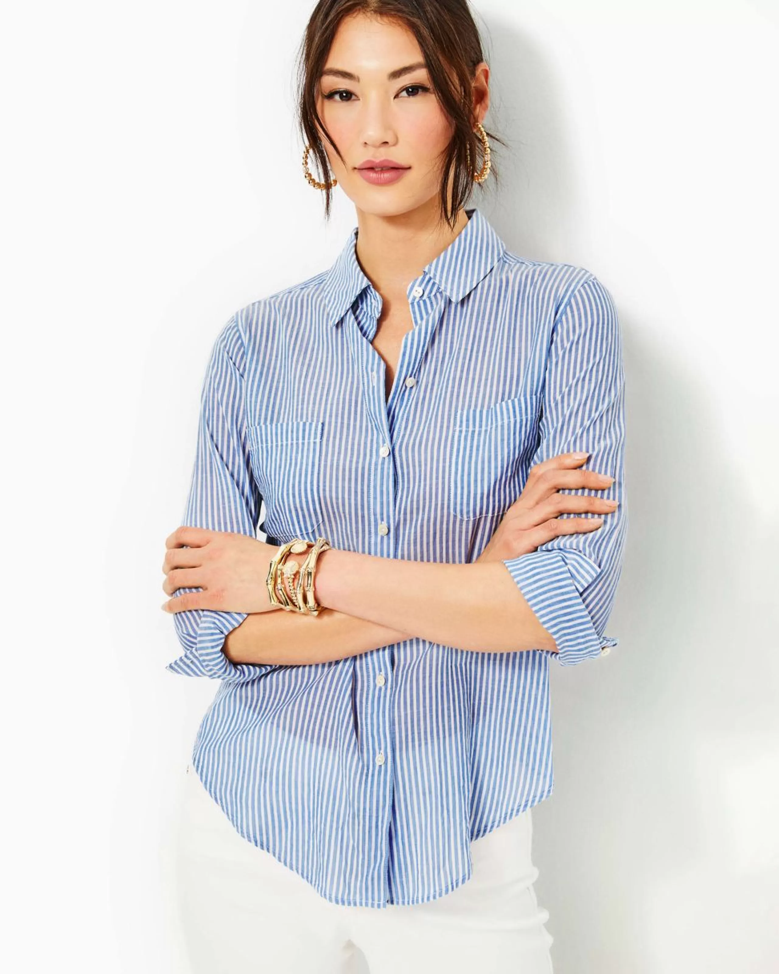 Fashion Lilly Pulitzer Sea View Button Down Top Coastal Blue Ltwt Oxford Stripe