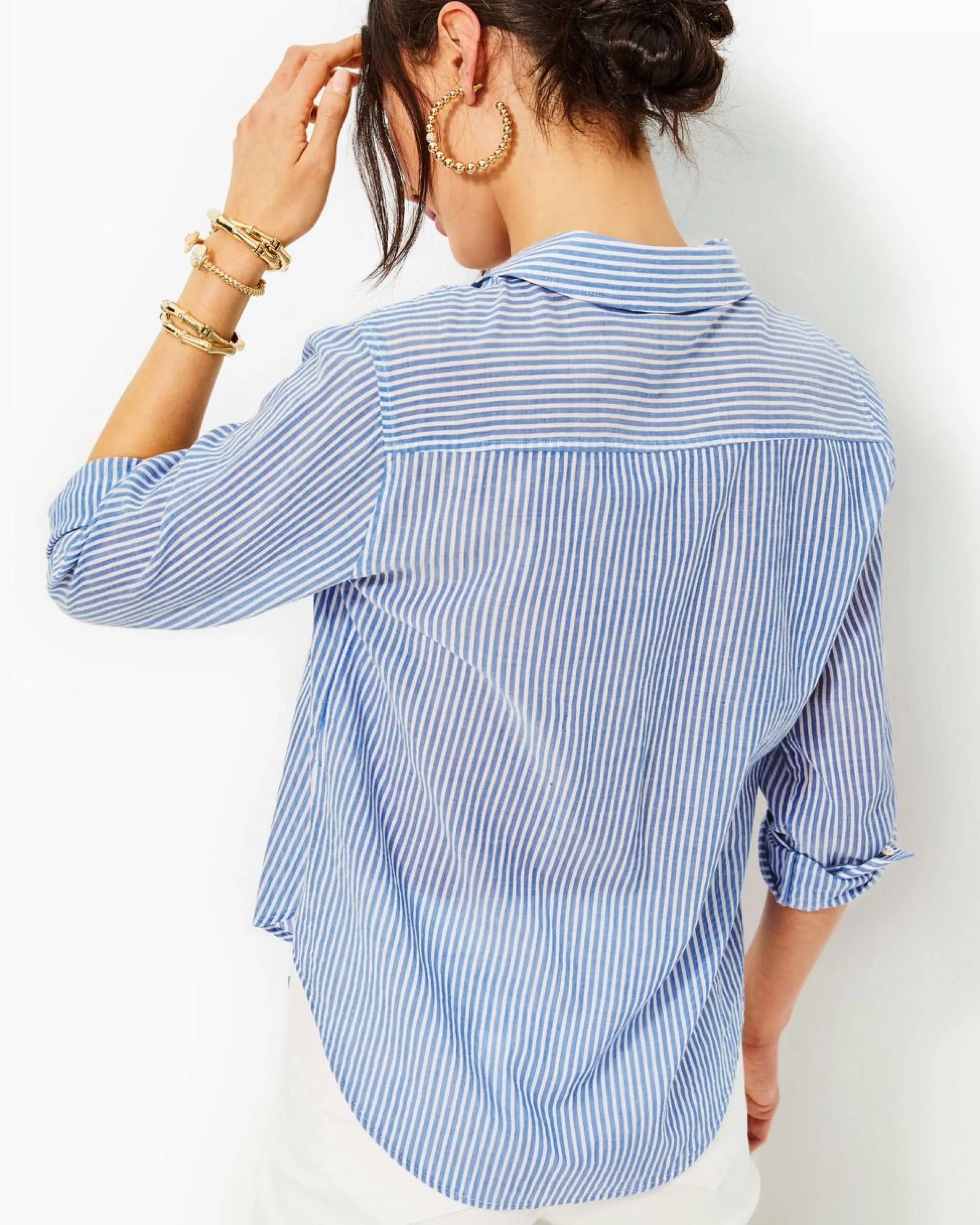 Fashion Lilly Pulitzer Sea View Button Down Top Coastal Blue Ltwt Oxford Stripe