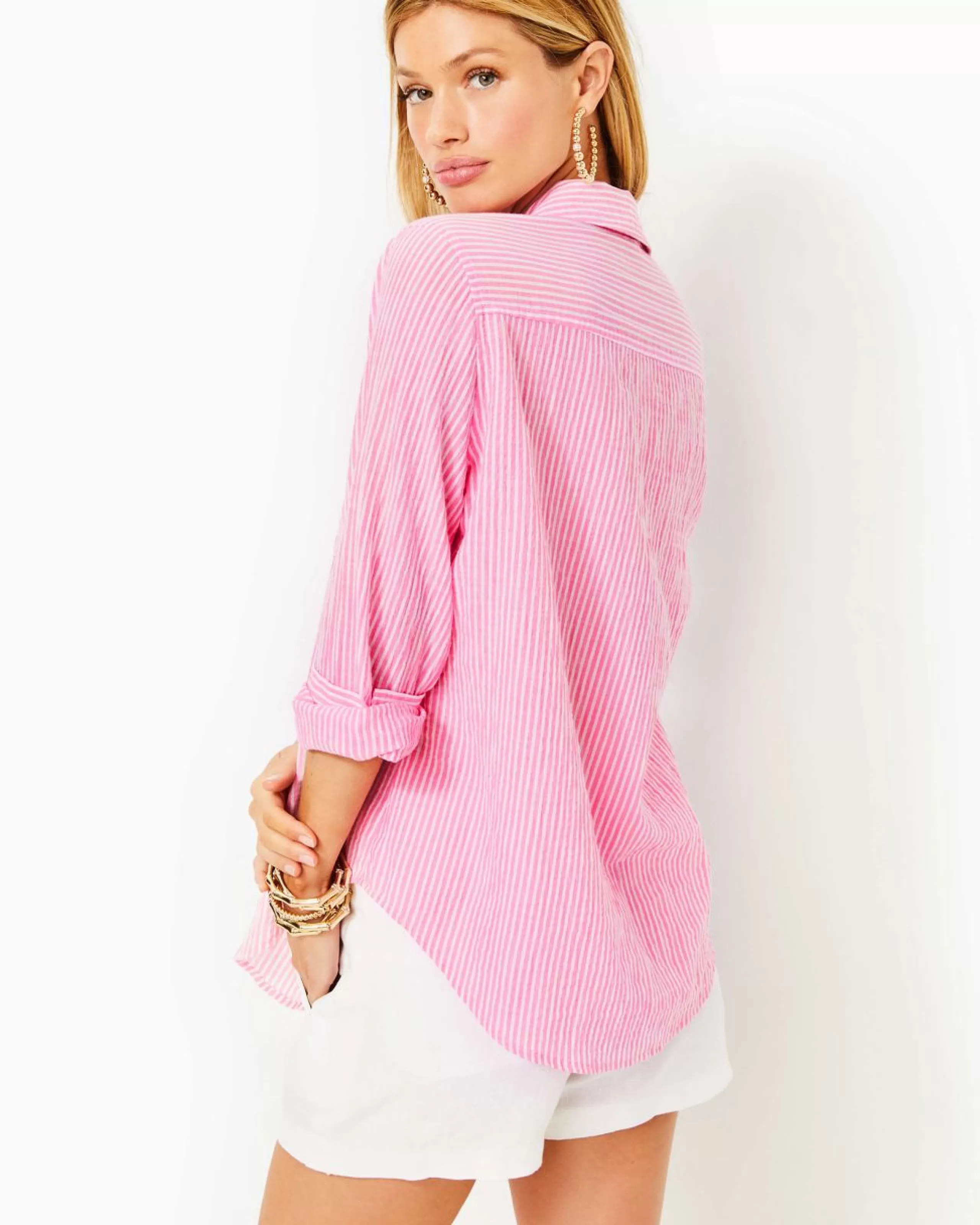 Hot Lilly Pulitzer Sea View Button Down Top Havana Pink Ltwt Oxford Stripe