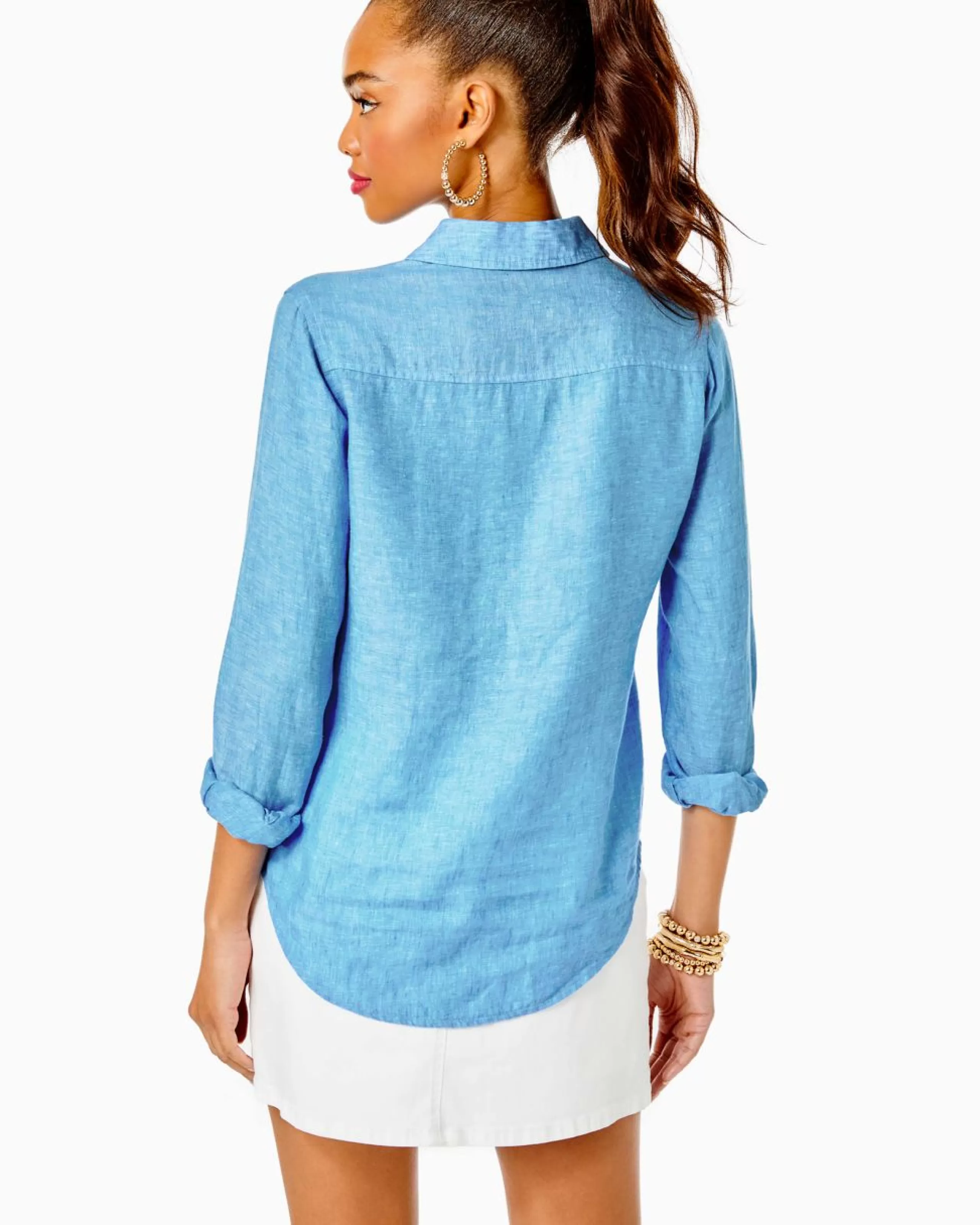 Cheap Lilly Pulitzer Sea View Linen Button Down Top Beckon Blue X Sea Salt