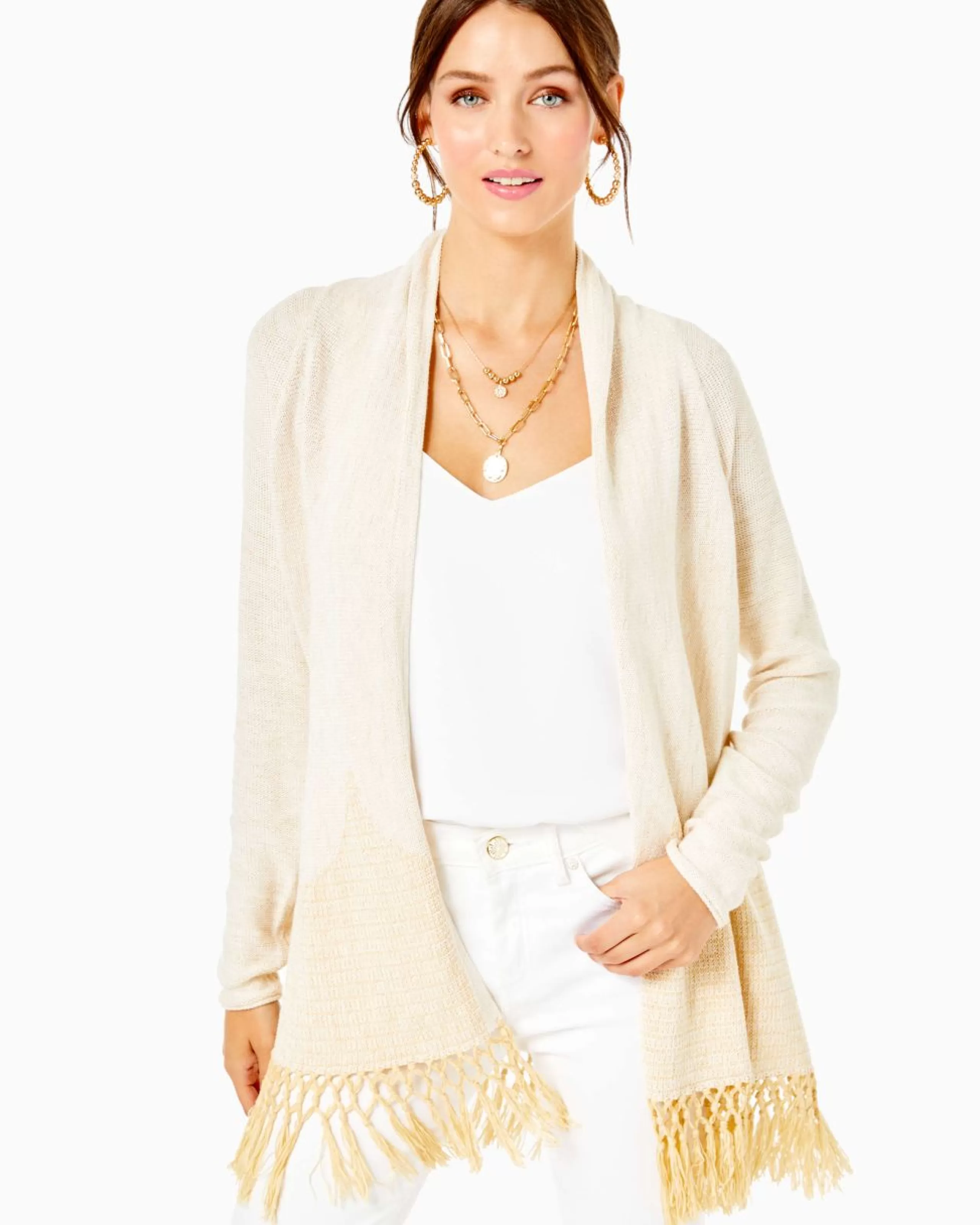 Outlet Lilly Pulitzer Tatum Long Fringe Hem Cardigan Gold Metallic