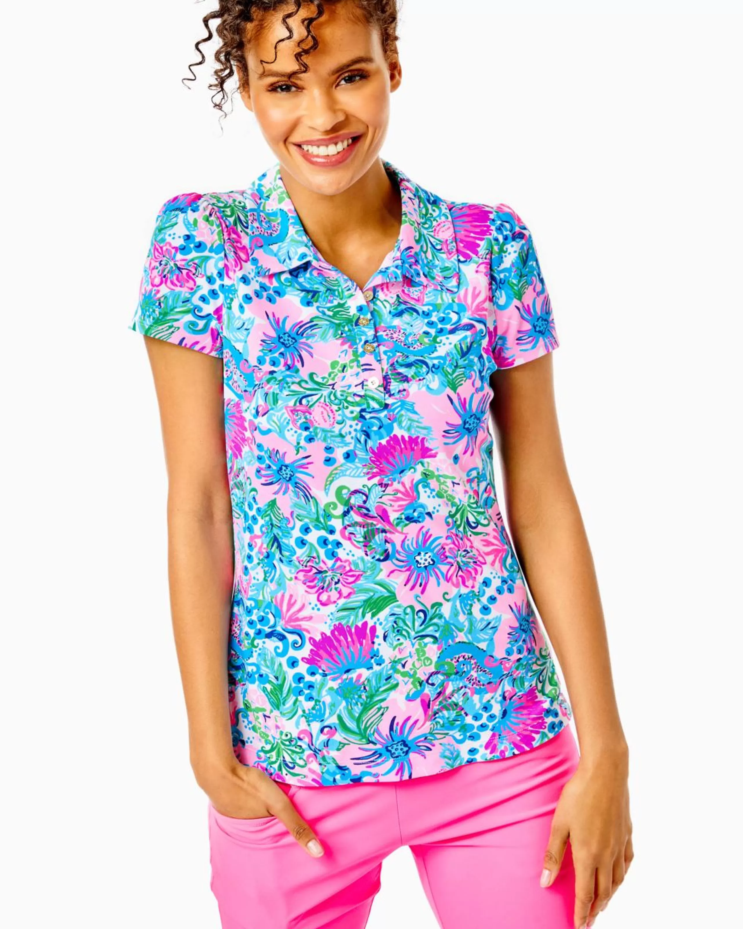 Fashion Lilly Pulitzer Upf 50+ Luxletic Frida Puff Sleeve Polo Mandevilla Baby Paradise Petals