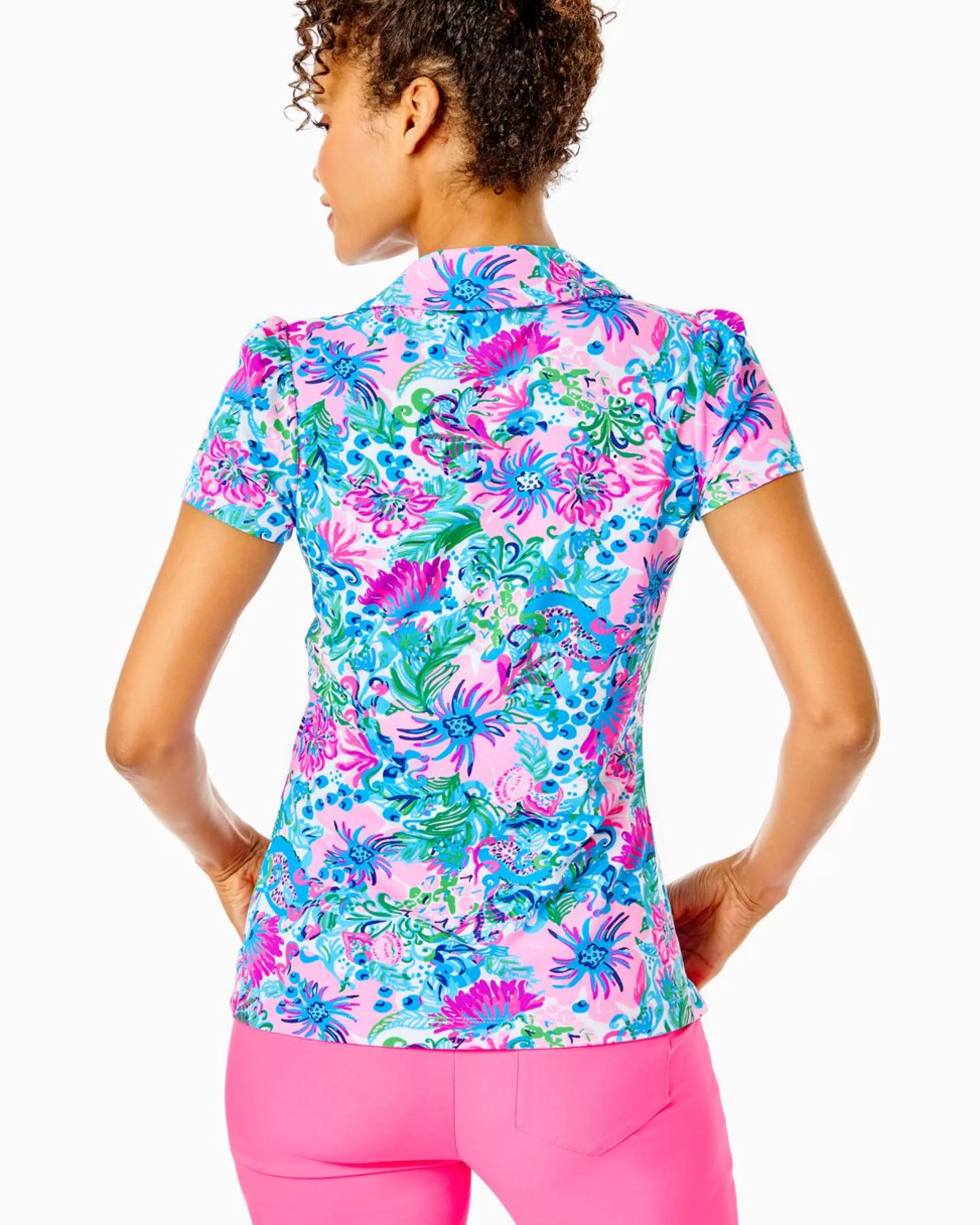 Fashion Lilly Pulitzer Upf 50+ Luxletic Frida Puff Sleeve Polo Mandevilla Baby Paradise Petals