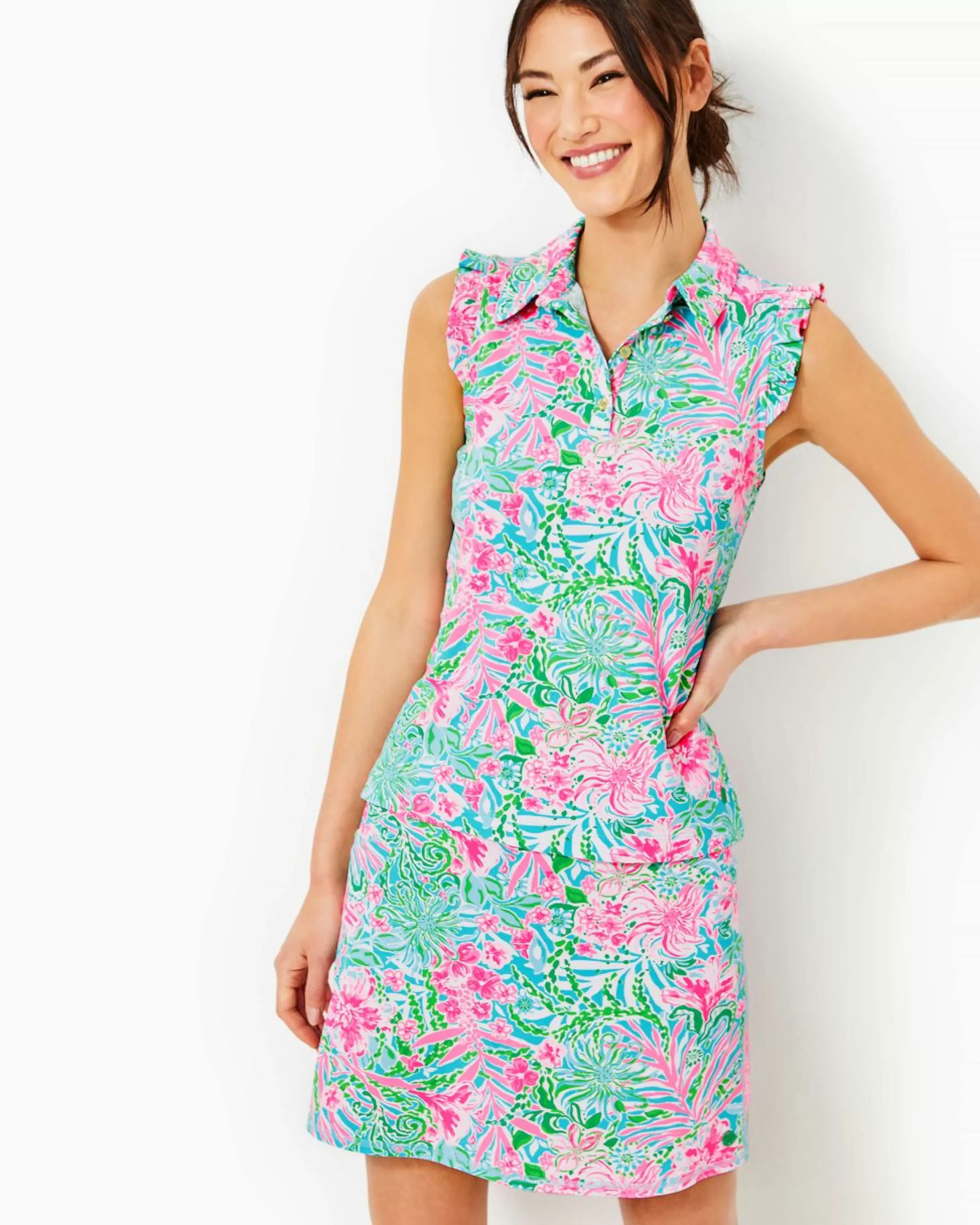 Online Lilly Pulitzer Upf 50+ Luxletic Frida Sleeveless Ruffle Polo Top Amalfi Blue Leaf It Wild