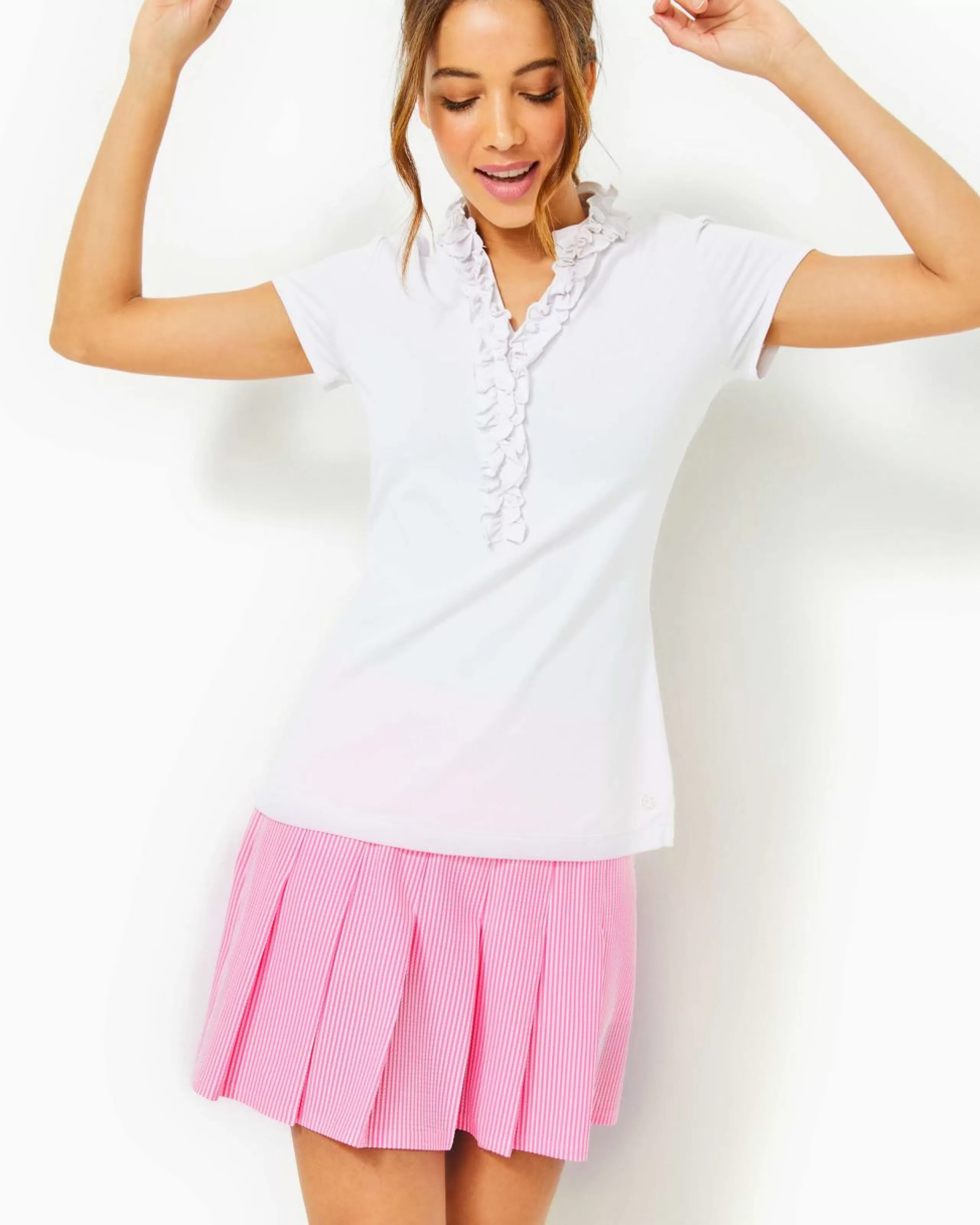 Sale Lilly Pulitzer Upf 50+ Luxletic Priska Skort Havana Pink Performance Seersucker